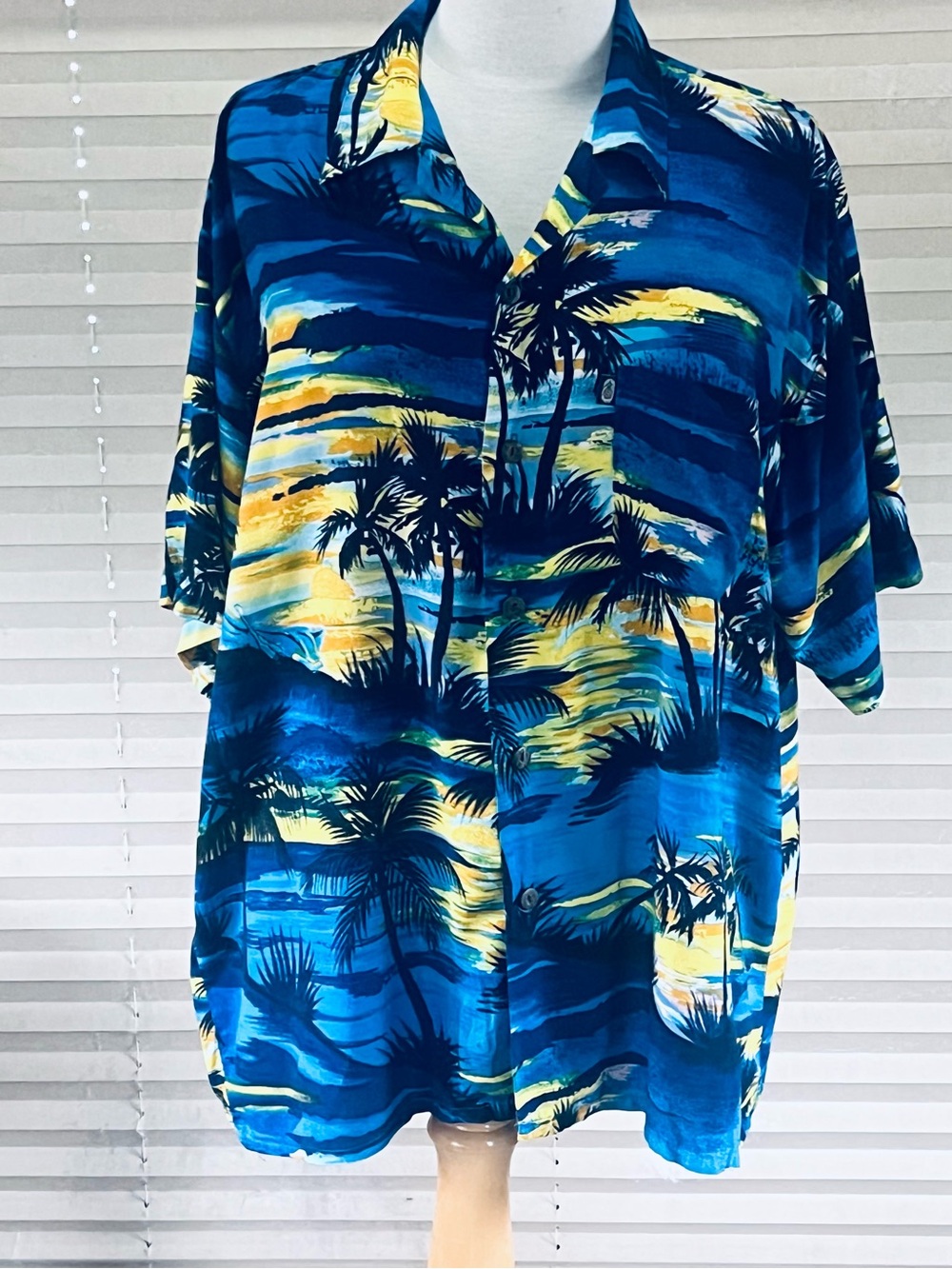 Casual Tropical Palm Print Button-Down Shirt - Blue